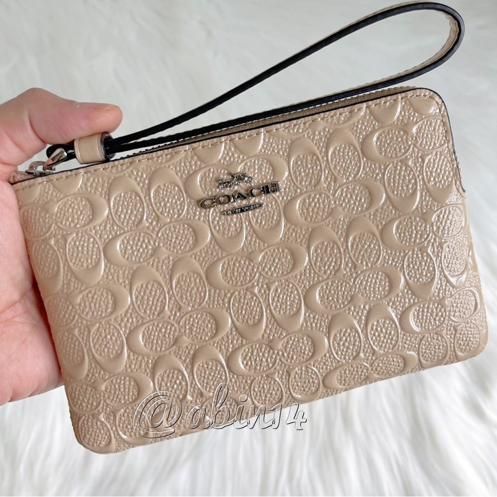 Coach Signature Embossed Patent Leather Corner Zip Wristlet Clutch